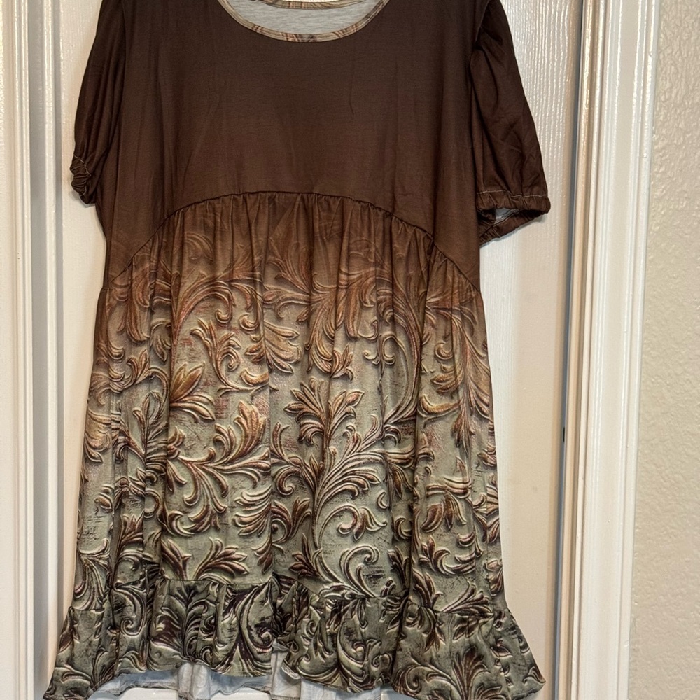 Cream and Brown Relaxed Ruffled Tunic Dress